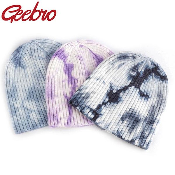 

beanie/skull caps geebro autumn winter tie-dye ribbed knitted hat fashion warm soft men women colorful style elastic beanie cap, Blue;gray