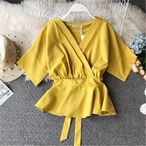 

ruffles 2021 fashion v neck summer chiffon blouse women bandage shirt femme casual slim waist tie elegant pz3514, White