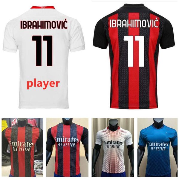 

player version ac 20 21 soccer jersey 2020 2021 ibrahimovic paqueta bennacer rebic romagnoli calhanoglu home men football shirt, Black;yellow