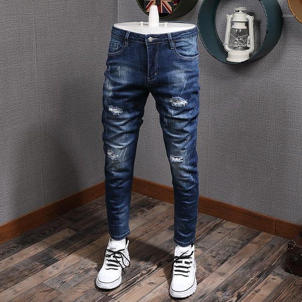 

newly designer fashion men jeans elastic slim fit casual ripped denim pants hombre retro dark blue streetwear hip hop trousers1