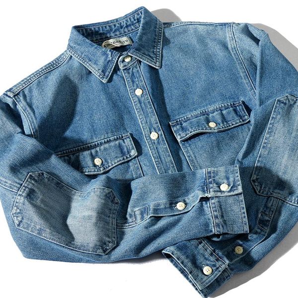 

autumn winter new men's fashion denim shirt stand collar versatile cargo shirt long sleeve heavy weight vintage denim jacket, White;black