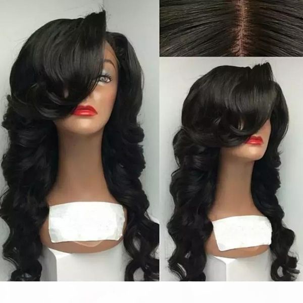 

human full lace wigs with side bangs wavy glueless lace front wigs baby hair brazilian bang wigs human hair wavy wig, Black;brown