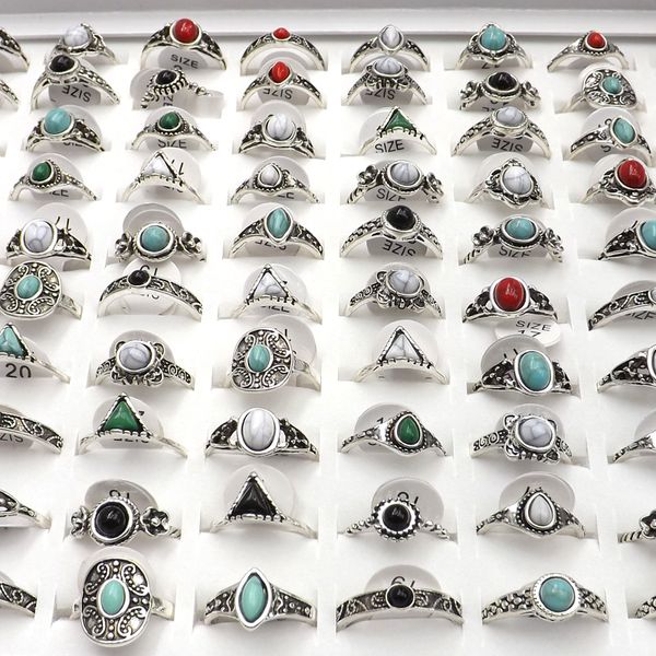 

50pcs antique silver color vintage style rings with mixed stones for women y1107, Golden;silver
