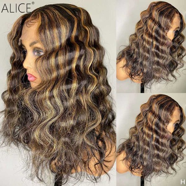 

alice highlight 150% density curly 13×4 t-part lace front human hair wigs scalp closure wigs with baby hair non-remy, Black;brown
