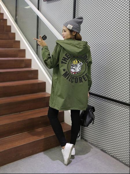 

autumn women ladies cotton long hoodie bf coat bulldog printed boyfriend cardigan trench windbreaker coat plus size 5xl 6xl, Tan;black