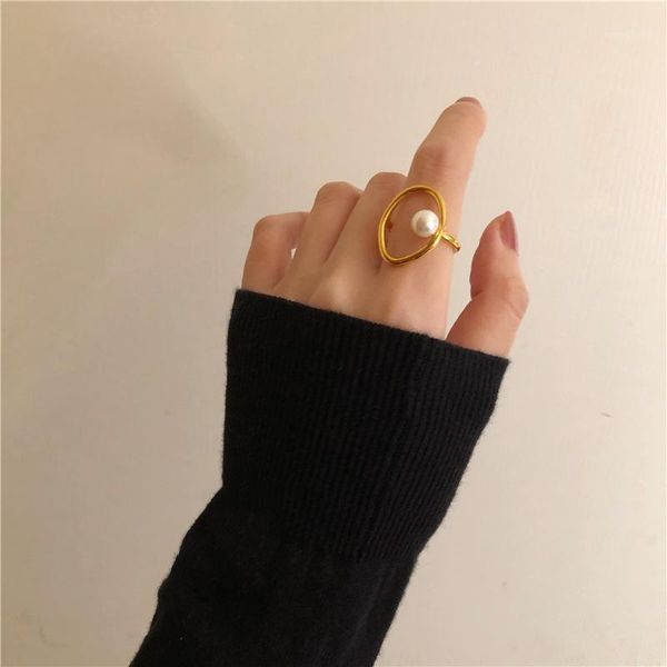 

wedding rings fashion hollow out simple adjustable pearl ring geometric gold color for women engagement jewelry accessories s-r8021, Slivery;golden