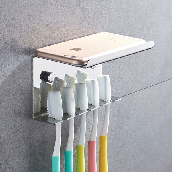 Aço Inoxidável 5 Slots Toothbrush Holder Toilet Supplies Montagem de parede Montagem doméstica ou auto adesivo Estrágio de armazenamento Hotel LJ201128