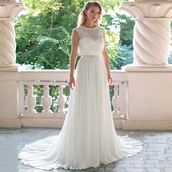 

new 2021 elegant o neck cap sleeve chiffon a line wedding gown white ivory court train lace bridal es dh3y