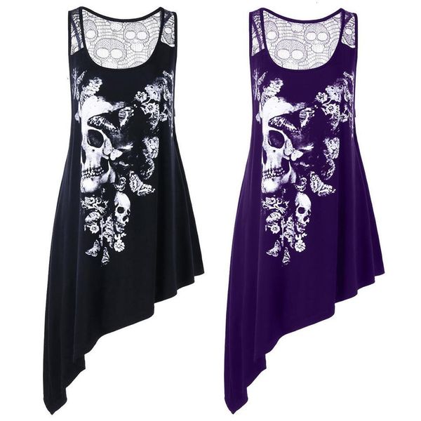 

2021 fashion women plus size u neck skull printed asymmetric hollow out tanks vest summer for women, White