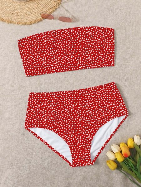

plus floral print bandeau bikini swimsuit p77n#, Black