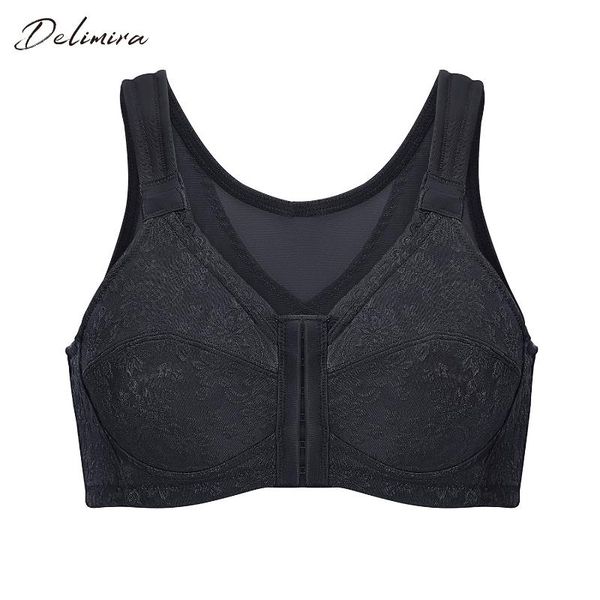 

bras delimira women's plus size full coverage front closure wire non-padded x-shape back support posture bra, Red;black