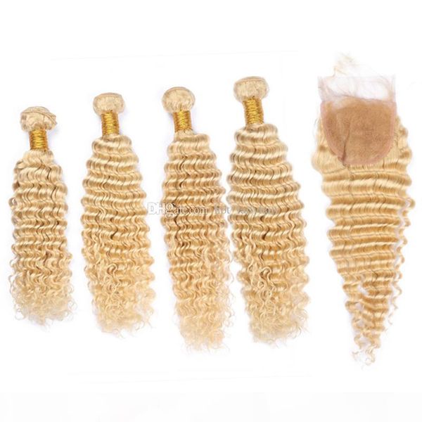 

deep wave curly 613 blonde human hair 4 bundles with lace closure bleach blonde virgin peruvian hair weaves and closure 5pcs lot, Black;brown
