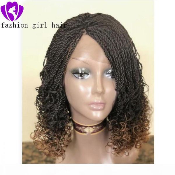 

ombre brown color short kinky twist wig natural twist braids lace front wig with curly tips for black women, Black;brown