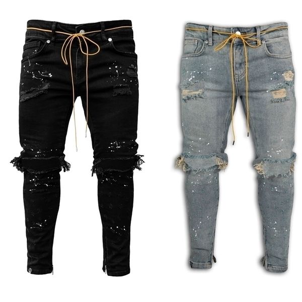 Jeans con foro strappato per uomo Pantaloni cargo hip-hop Pantaloni skinny in denim blu chiaro effetto consumato Pantaloni autunnali a figura intera 220222