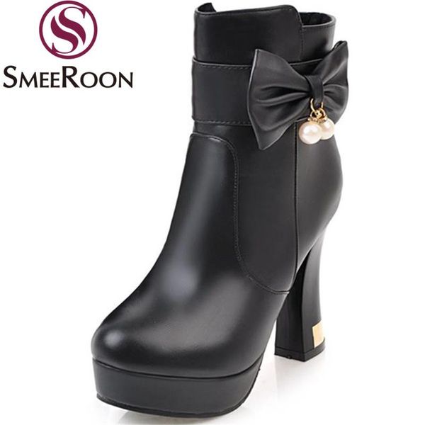 

smeeroon popular high heels ankle boots for women round toe platform boots fashion keep warm winter simple shoes, Black