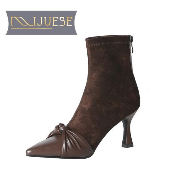 

mljuese 2021 women ankle boots cow leather winter short plush pointed toe zipper butterfly-knot high heels female boots size 40, Black