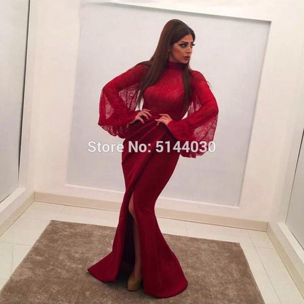 

saudi arabia wine red long sleeves lace evening dresses dubai mermaid high collar evening gowns vestido longo festa1, White;black
