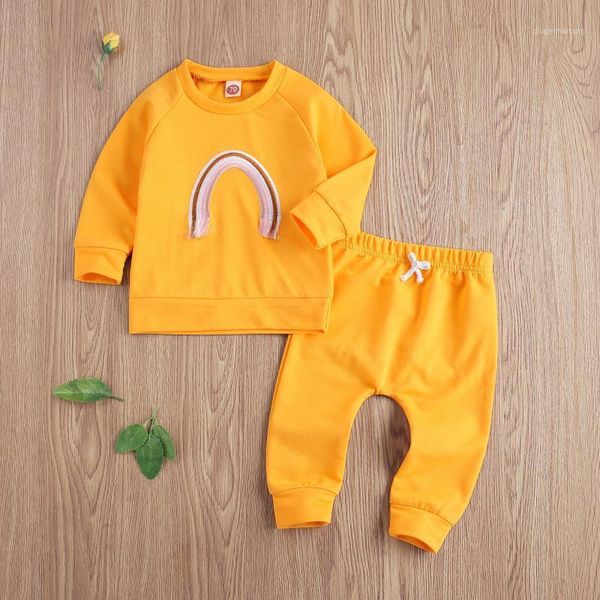 

2pcs newborn outfits baby boys girls autumn clothes infant long sleeve round neck rainbow pattern romper + solid trousers1, White