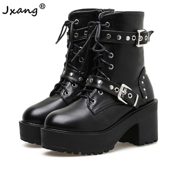 

jxang 2020 autumn women fashion boots round toe thick platform rivets short boots female ankle boots gothic style black british lj201030