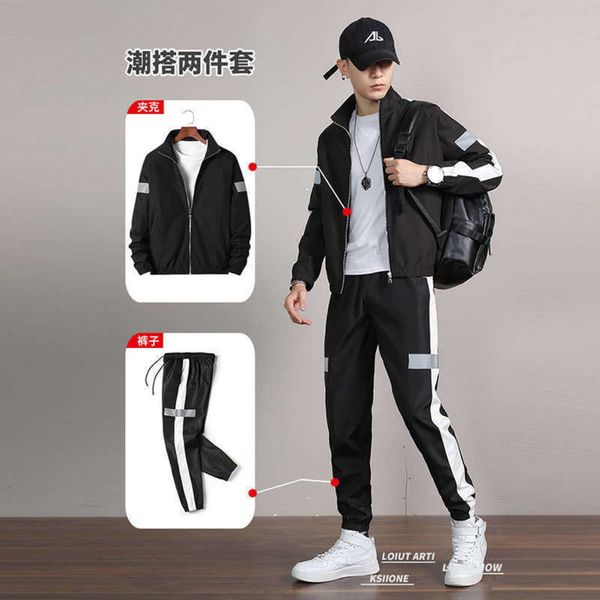 

student fashion trend handsome autumn korean casual men's sportswear 2-piece reflective strip, Gray