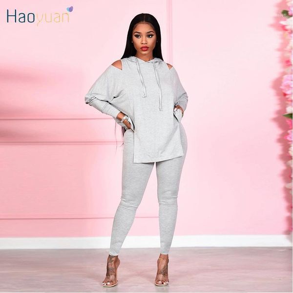 

haoyuan casual tracksuit two piece set off shoulder hoodies joggers pants women fall winter clothing fashion matching sets1, Gray