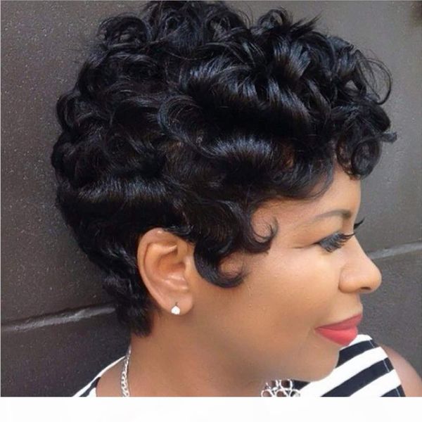 

короткие pixie cut парик для женщин короткие парики человеческих волос 100% натуральный парик волос virgin human cut вьющиеся волосы волнист, Black