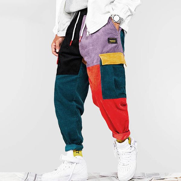 

aelfric eden corduroy patchwork cargo men harem pants joggers harajuku sweatpants hip hop streetwear trousers q1219, Black