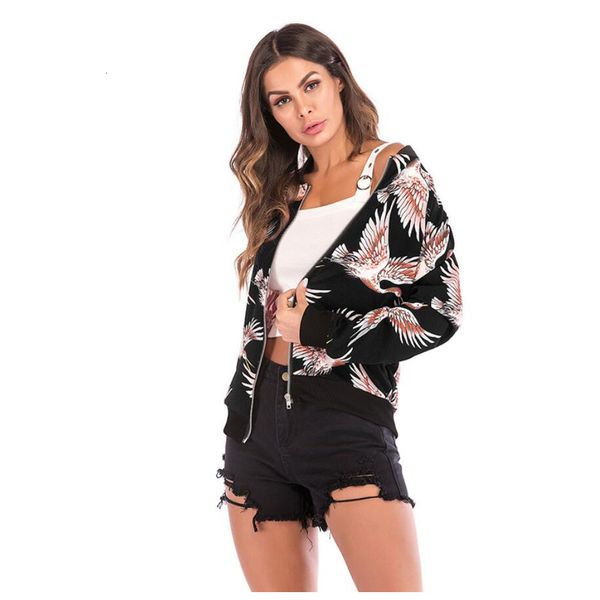 

spring autumn outerwear crane printed bomber jacket women harajuku pilot jacket casual bf style basseball jackets coats, Black;brown