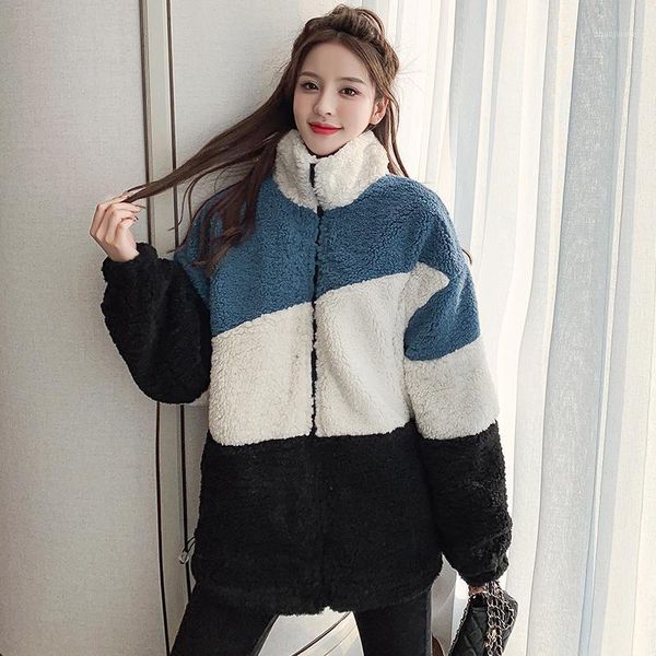 

fnoce 2020 winter new women's korean style jackets fashion casual long sleeve zipper loose plus velvet thickened lamb wool coats1, Black