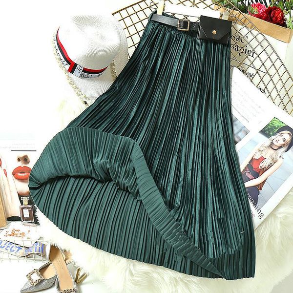 

korean mid length black casual velvet corduroy skirt 2020 autumn winter women long pleated vintage skirt high waist belt
