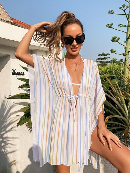 

striped drawstring waist kimono y2lf#, White;black