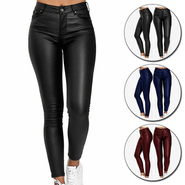 

fashion pure color leather casual pants small feet pants women warm trousers tight-fitting ladies stretch high-waist, Black;white