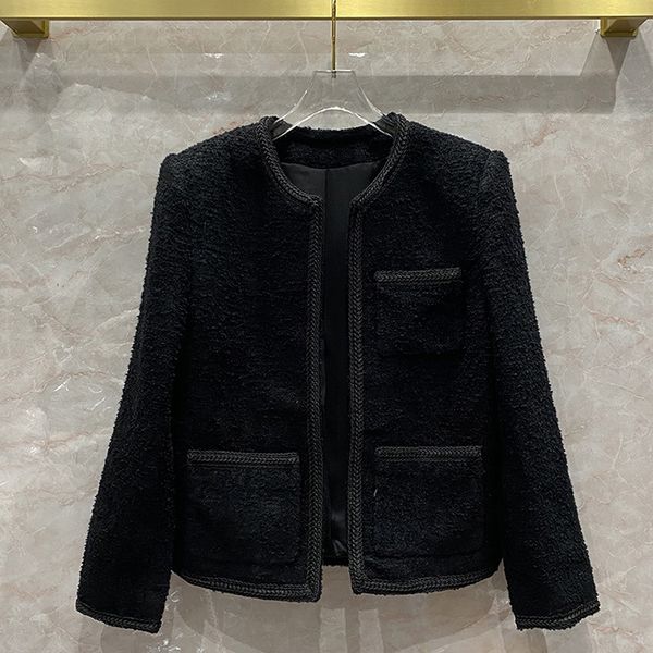 

european and american women's wear 2020 winter new style long sleeve round neck pocket fashionable tweed black coat