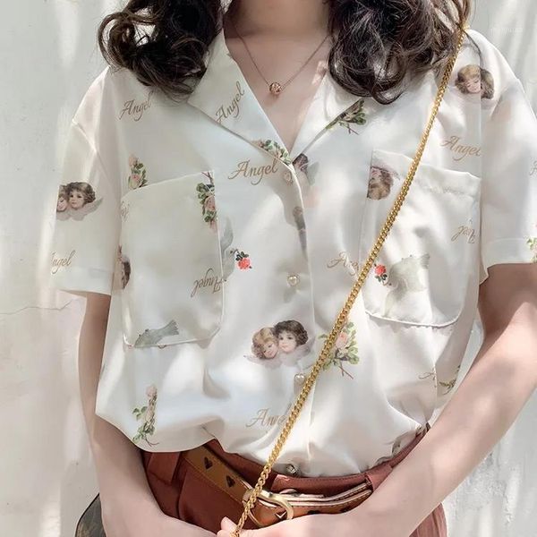

angle pattern print blouse women fashion vintage korean shirt summer white loose casual short sleeve ladies shirts 2020