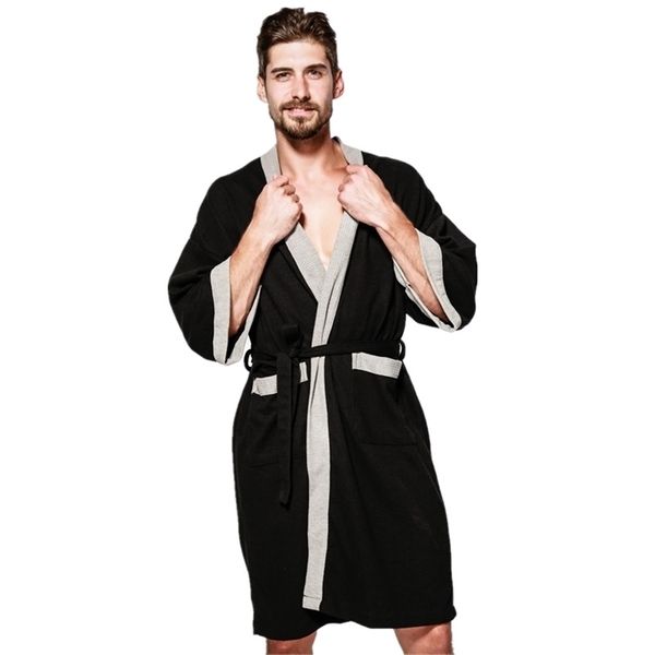 

men's waffle bath robes dressing gown sleeve solid soft bathrobe peignoir nightgowns sleepwear kimono 201109, Black;brown