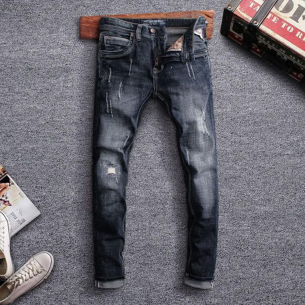 

men's jeans italian style fashion men retro black blue color slim fit ripped streetwear scratch vintage designer homme1