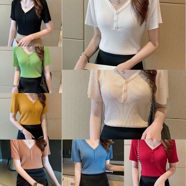 

чистый красный лето новый корейский футболки sweaterunderpants sweaterslim v-образным вырезом лед шелк свитер женщин тонкий универсальный ко, White