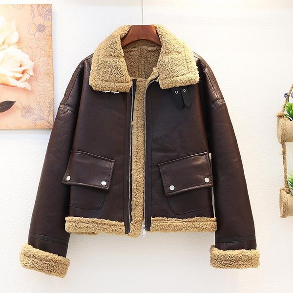 

[ewq] 2020 winter female fur collar turn down colar long-sleeved minimalist loose cotton heavy pu jacket cardigan coat 8d3641, Black;brown