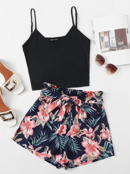 

rib-knit cami & self belted tropical shorts set k0py#, White