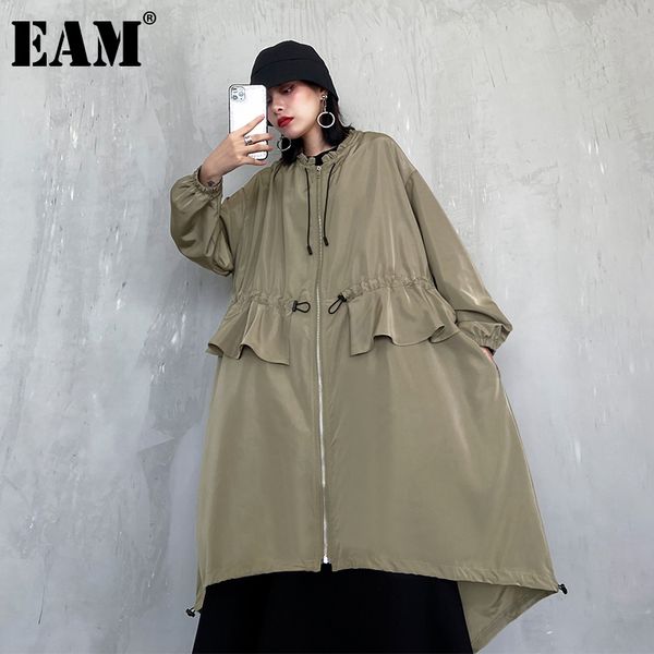 

[eam] women army green ruffles big size trench new stand collar long sleeve loose windbreaker fashion spring autumn 1da649 201031, Tan;black