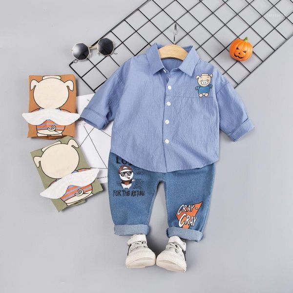 

spring autumn baby girls boys clothing sets lapel solid shirt jeans kids cartoon children costume infant leisure clothes suits1, White