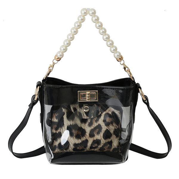 

Transparent PVC Jelly Tote Casual Messenger Bag Ladies Pearl Shoulder Bags Leopard Handbag For Women