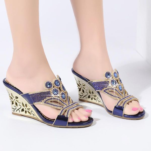 

women's shoes sandals and slippers slope heel hollow rhinestone high heel diamond-studded, Black