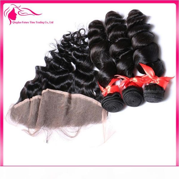 

9a loose wave human hair with lace frontal 4pcs lot ear to ear full lace frontal part with bundles, Black