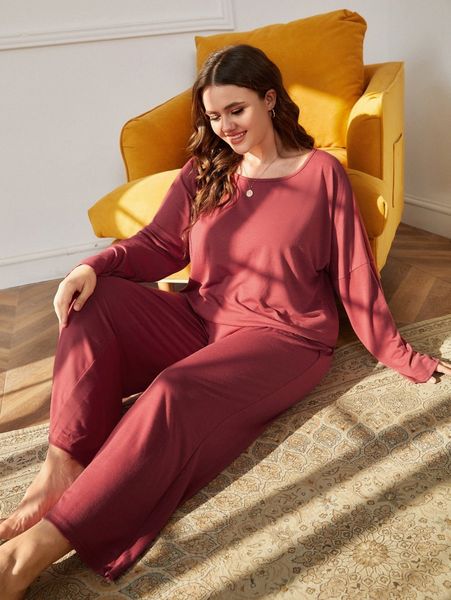 

plus drop shoulder knot front pj set 00yw#, Black;white