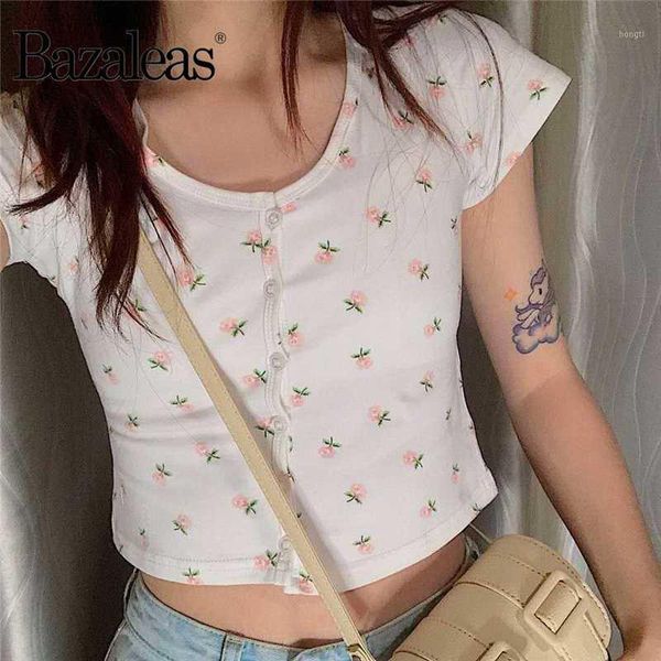 

bazaleas fashion center buttons tshirt harajuku cute pink floral print t shirt women crop short sleeve women t-shirt gothic1, White