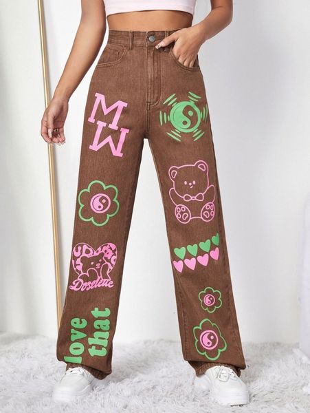 

high waist cartoon & letter graphic boyfriend jeans w6hf#, Blue