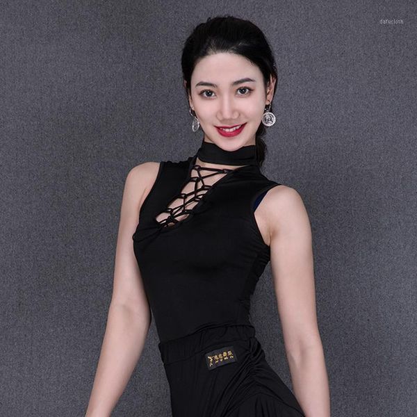 

latin lady sleeveless salsa tango rumba cha cha samba dance shirt women dancing clothes competition performance wear dn36151, Black;red