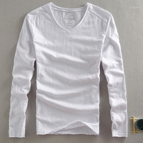 

2020 spring new melange t-shirt men solid cotton v-neck white t shirt long sleeve tees y25971, White;black