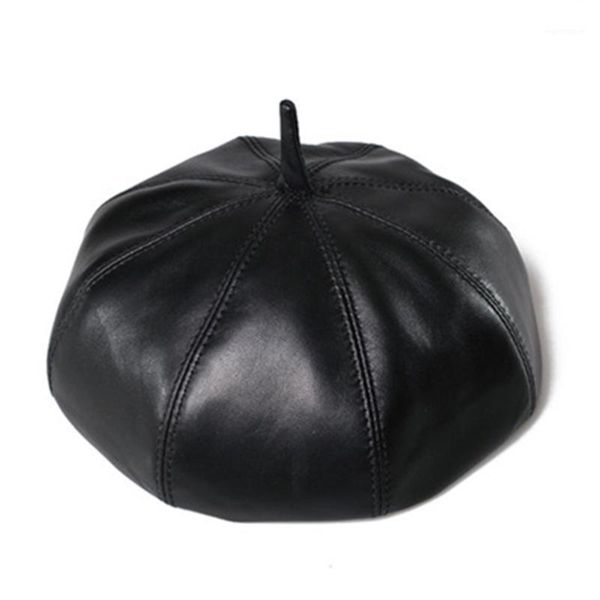 

Women beret PU leather hat autumn solid color beanie hat painter octagonal cap fashion newsboy1, Blue;gray
